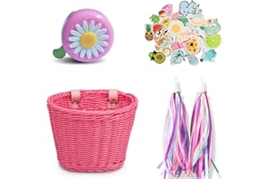 IVEOPPE, cestino per bicicletta intrecciato, set da 4 pezzi, con cinturino in pelle, campanello per bicicletta, stelle filanti, adesivi, regali per bambini
