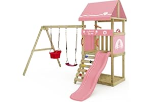 Wickey Aire de Jeux DinkyHouse avec Extension de balançoire - Toboggan & bâche - Tour à Grimper pour Enfants pour Le Jardin en Bois Massif - 303x317x247 cm (Rose Pastel)