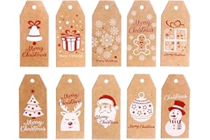 LOKIPA 100Pieces 10 Styles Christmas Kraft Present Gift Tags Hang Labels with 100 Feet Cotton String and 100 Feet Natural Jute String (Brown)