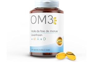 OM3 - Huile de Foie de Morue, Vitamine A et D -Défenses immunitaires - Vision -Ossature normale - Maxi format -120 capsules