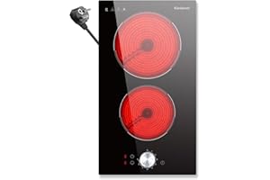 Karienvir Piano Cottura Vetroceramica 2 Fuochi Con spina 2800W, Piastra Cottura Elettrico Incasso 30cm, Controllo tramite manopola, Espansione dell'area, 9 livelli di riscaldamento