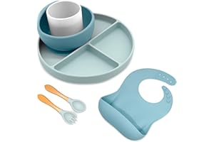 BABYUM® Pack Vaisselle 6 Pièces, avec Ventouse Anti-dérapant - Bol et Assiette Compartiments, Verre, Bavoir, Cuillère, Fourchette - Set Coffret Couvert Repas Enfant Bébé 1er age en Silicone (Bleu)