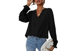 SYKT Elegancka bluzka damska z długim rękawem, dekolt w serek, koszula, szyfon, jednokolorowa