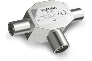 VCELINK Distribución de Antenas T-Acoplamiento, Divisor de TV por Cable, Adaptador Coaxial, Carcasa de Metal Blindada, 2 Macho a 1 Hembra, 0-1000Mhz, Argén