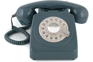 GPO 746 Téléphone fixe rétro de style années 1970 à cadran rotatif - Cordon extansible, sonnerie authentique - gris