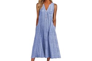 COALHO Women Casual Dress Summer Stripe Button V Neck Sleeveless with Pocket Long Dresses Holiday Beach Dress