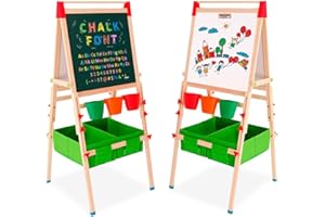 YULEYU Cavalletto per bambini in legno, lavagna per bambini con rotolo di carta Lavagna bianca e lavagna bifacciale Cavalletto artistico regolabile in altezza con numeri e altri accessori per bambini