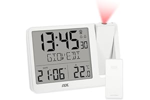 ADE Sveglia digitale radiocontrollata con proiezione e sensore esterno | orologio con visualizzazione della temperatura, data e giorno della settimana in italiano | incl. cavo di rete | bianco