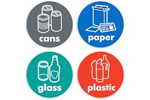 BLOSSOM PRINT Recycle stickers for bins - Pack of 4 recycling signs - cans, paper, glass, plastic (1 of each) - 100mm diameter - Self adhesive vinyl stickers
