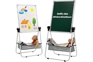 DOEWORKS Pizarra Infantil Caballete para niños Pizarra Blanca y Pizarra Pizarra Magnetica Infantil, Altura Ajustable & 360°Rotación con Conjunto Completo, Blanco