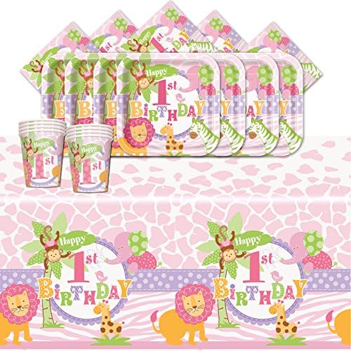 Wild Safari Girls First Birthday Complete Party Supplies Kit For 8