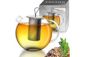 Creano Dzbanek do herbaty XXL Jumbo ze szkła, 3-częściowy szklany dzbanek do herbaty w dzbanku do herbaty z wbudowanym sitkiem ze stali nierdzewnej i szklaną pokrywką, wielofunkcyjny designerski szklany dzbanek do herbaty, All-in-one, 2,0 l