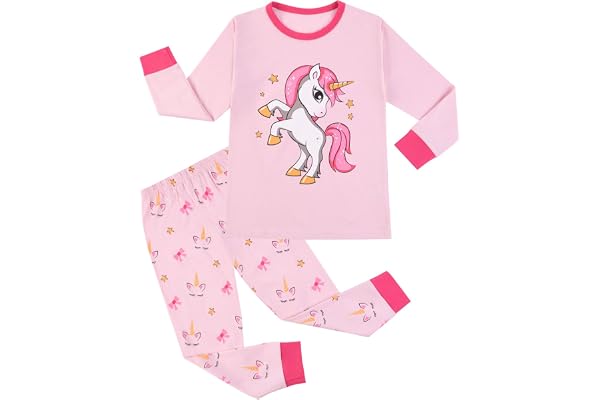 HOTUT Barnpyjamas, långärmad bomullspyjamas flicka, vinterpyjamas med utsökta mönster, tvådelad nattkläder T-shirt och byxor, varm pyjamas