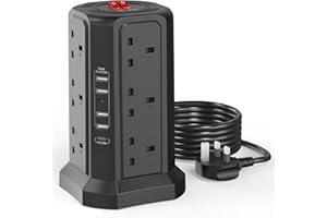 HAFINO Tower Extension Lead with USB Slots 3M and 20W USB C Fast Charger, (13A 3250W) 5 USB Ports and 12 Way Extension Tower, Surge Protection Extension Lead with Switch, Extension Cable for Home, Office