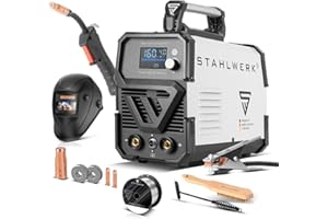 STAHLWERK Schweißgerät Mini FLUX 160 ST Digital – Vollausstattung – Fülldrahtschweißen ohne Schutzgas bis 160 A, kompakt, synergischer Drahtvorschub, mit LED-Licht, Lift-TIG- und MMA/ARC-Funktion