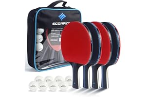 SCORPION SPORTS Scorpion Tischtennisschläger Bälle Professionelle Ping Pong 5 Schichten Holz Klinge Tischtennisschläger Set für 2 oder 4 Spieler, stilvolle Aufbewahrungsbox, perfekt für Indoor/Outdoor