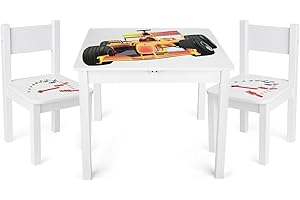 Leomark Weiß Kindertisch und 2 Stühle aus Holz - F1 Formel YETI - Tisch Kinderstuhl für Kinder, Kindersitzgruppe, Sitzgruppe mit UV Aufdruck, Mehrfarbig Tischgarnitur, Dim: 60x60x49 (H) cm