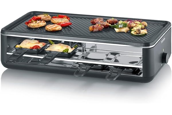 SEVERIN Appareil à raclette pour 8 personnes, Plaque de cuisson avec surface de cuisson rainurée 48 x 24 cm antiadhésive, Gril raclette 1 300 W, Noir, RG 2365