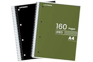 Umriox A4 Notebook, 7 mm Lined Wirebound Notebook with 4-Hole Punch Margins, 160 Pages Premium Paper College Ruled Journal with Perforated Edges, Pack of 2 Notepads - Black+Green