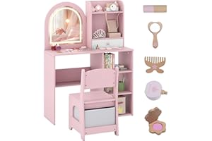 COSTWAY Tocador de Maquillaje Niña, Tocador Niña con Silla con Cajón de Tela, Espejo Iluminado de 3 Colores, Estantes Abiertos y 3 Ganchos, Mesa de Maquillaje para Niñas de 3+ Años (Rosa)