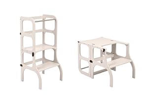 ETTE TETE Foldable learning tower with seat function, 45 cm standing height, Step stool, folding step stool, learning tower with seat and foldable table, birch wood, UV varnished, grey with brass fittings