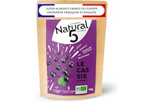 NATURAL5 CASSIS POUDRE BIO 120G - Riche en fer, vitamine C, E, folates etc. Vision nocturne. Idéal smoothie blender, yaourts, desserts.