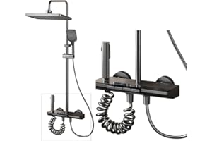 INEX Europa Square Bathroom Shower Column in Titanium Black, 10-Year Warranty, with 4 Operating Modes, Square Shower Head, Hand Shower, pressurized Water, and Bathtub Faucet. Easy Installation.