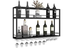DSVONAUS Botellero de Pared Industrial, Estante de Vino Decorativo con Portavasos para Copas, Soporte Para Botellas de Metal, Estante Multi Funcional para Vino para Hogar Bar Comedor Cocina (100×20×65cm)