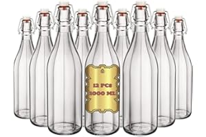 FIRMADIGARANZIA SRL FDG - Bottiglia per acqua in vetro vuote 1 L - Set da 12 Bottiglia Costolata in Vetro con Tappo Ermetico 1 L - Bottiglie da tavola stile vintage ed elegante - Bottiglie per acqua frizzate e naturale