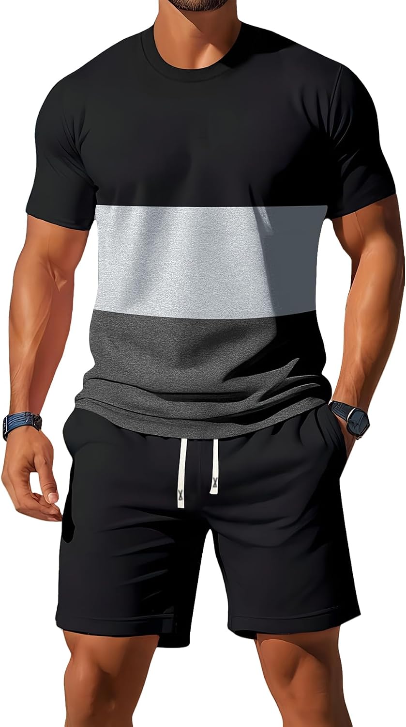 Conjunto de 2 piezas de camiseta ligera de manga corta con bloques de tres colores para hombre, a la moda, casual, vacaciones, deportes, fitness