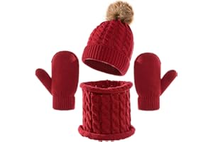 TBSCWYF Gorro de Punto Invierno Térmico con Guantes y Bufanda Forro Polar Niños Set Beanie Gorro Sombrero de Punto Invierno Cálido con Pompon para Niños Niñas
