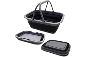 SAMMART 9.2L Collapsible Tub with Handle - Portable Outdoor Picnic Basket/Crater - Foldable Shopping Bag - Space Saving Storage Container (Grey/Black, 1)