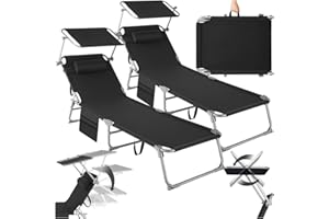 ‎TECTAKE tectake® 2er Set Sonnenliege klappbar und tragbar, Liege mit Seitentasche, Strandliege, Gartenliege mit Dach, Liegestuhl mit Verstellbarer Rückenlehne, Kopfkissen - für Balkon, Terrasse (schwarz)