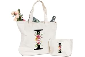 SINEKONG Personalizzata Iniziali Borsa Tela Donna, Borsa Shopper Donna con Lettere e Fiori Cotone Borsa Canvas, Borsa Cosmetica per Sposa Damigella, Idea Regalo Donna Mamma, Compleanni, Matrimonio(I)