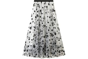 SotRong - Gonna pieghettata in tulle a strati da donna, gonna elastica a vita alta, a trapezio, gonna midi in chiffon a rete con decorazione floreale