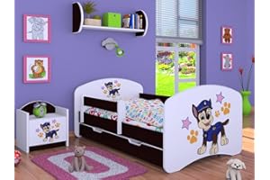 Happy Babies Kinderbett - mit Rausfallschutz Junge 140x70 Bett für Kinderzimmer mit Schublade & Matratze Einzelbett für Kinder Weiß/Blau Hundemotiv Police (Kastanien-Wenge)