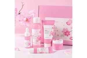 BeauBase Sakura Ensemble de Soins de la Peau Ado, 5 Pièces Kit Soin Visage Hydratant avce Nettoyant Visage, Toner, Crème Yeux, Essence, Crème, Coffret Cadeau Skincare pour Ado Femme