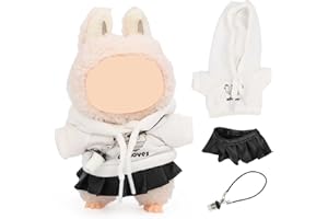 LEWOTE Juego de ropa compatible con muñecas Labubu, conjunto de sombrero, traje y accesorios decorativos para muñecas de 17 cm / 6,7 pulgadas (sudadera con capucha/falda de cuero/bolsa de bebida)