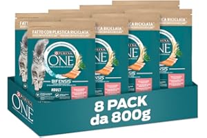 PURINA ONE Bifensis Crocchette per Gatti Adulti con Salmone e Cereali Integrali 8 Sacchi da 800g