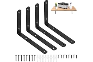 HMKESOTERIC 4 Pz Staffe per Mensole Pesanti Nere, Reggimensola, Supporto Staffa Mensola, Staffa per Mensola Staffe a L Angolari Metallo per Montaggio Mensola Legno, 200 x 140 x 24mm