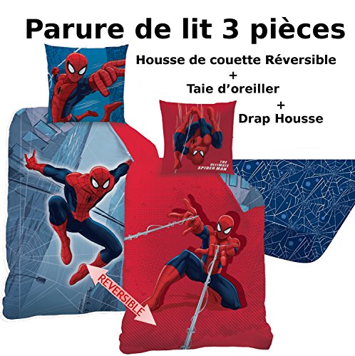 Spiderman – Juego de cama (3pcs) – Funda de edredón (140 x 200) + funda de almohada (63 x 63) + sábana bajera (90 x 190) – 100% algodón – Estampado Tower