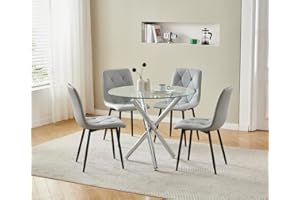 Menaka 5 Pieces Round Glass Dining Table and Grey Velvet Chairs Set Small Space for 4 People, Modern Kitchen Table with Chairs Set of 4 Restaurant (table with 4 grey chairs#2)