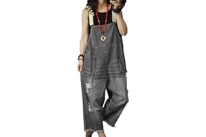 YESNO Women Loose Fit Denim Dungarees Casual Printed Baggy Jumpsuit Distressed Long Wide Leg Overalls Jeans Pants Trousers P60UK