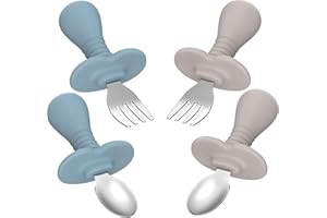 BEFOL Silikon Baby Geschirrset,8 Stück Kindergeschirr Set mit Saugnapf(Teller Lätzchen Schüssel Trinklernbecher Löffel Gabeln) BPA Frei Esslernbesteck (Kinderbesteck Baby Set)