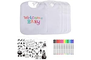 BluVast Baby Lätzchen zum Bemalen, 6 Stück Baby Lätzchen Weiss zum Bemalen mit 12 Farben Textilstiften und 3 Schablonen für Jungen Mädchen, Abwaschbar, Wasserdicht, Geschenk für Babyshower Party
