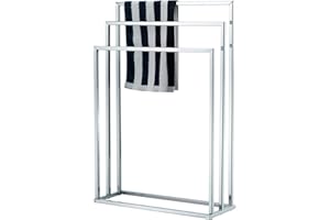 LIVHOME 3-Tier Chrome Towel Stand, Freestanding Square Towel Rail for Bathroom Storage, Free Standing Towel Holder for Hand Towels, Bath Towels, and Black Bathroom Accessories