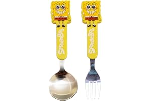2 Piezas Cubiertos Bob Esponja,Wopin- set Cubiertos Infantiles Bob Esponja Incluir Cuchara y Tenedor,Cubiertos Infantiles Acero Inoxidable con Mangos de ABS,Regalo para Comunión y Bautismo
