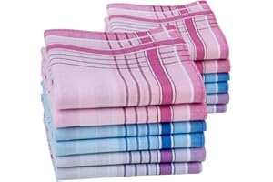 HOULIFE Ladies 100% 60S Combed Cotton Handkerchiefs Womens Soft Stripe Checkered Pattern Coloured Plaid Hankies for Wedding Party 6/12 Pieces 28x28cm Christmas Gifts