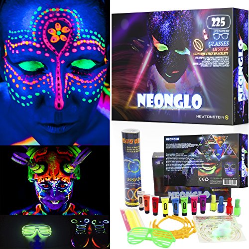 NeonGlo - 220 pcs party kit with Glowing Stick Bracelets, 3D and glow ball Connectors, UV Neon Face Paint, Nail Varnish, Tattoo stickers, Glasses, Shoe Laces, Bunny Ears / Hair Clip Barrettes with free ideas booklet - Mixed colours
