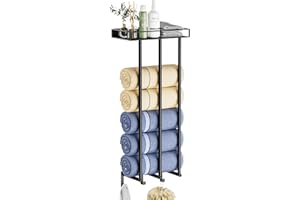 OVICAR Towel Racks for Bathroom - Wall Mounted Rolled Towels Storage with Metal Shelf & 3 Hooks,3 Bars Wall Towel Holder for Small Bathroom, Bath Towel Organizer (Black)
